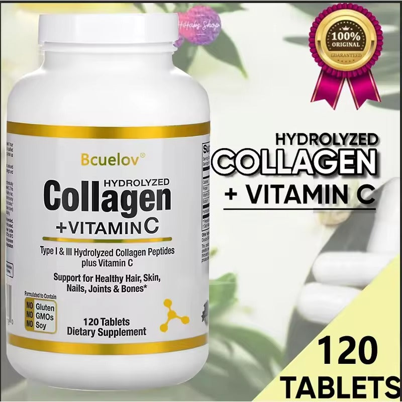 Bcuelov Hydrolyzed Collagen Peptides + Vitamin C (120 Capsules) - Nutritional Supplement for Healthy Hair, Skin and Nails