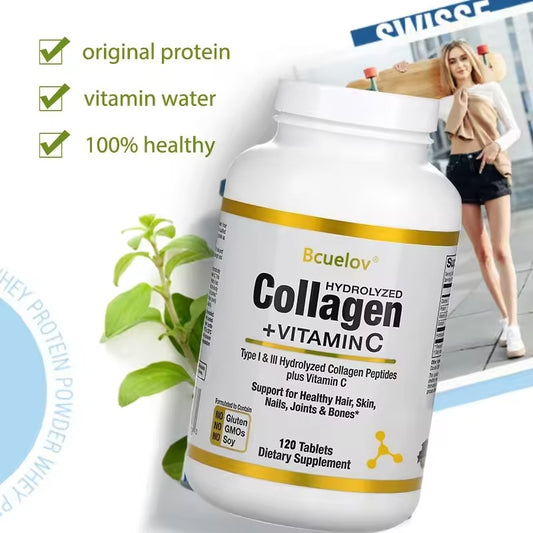 Bcuelov Hydrolyzed Collagen Peptides + Vitamin C (120 Capsules) - Nutritional Supplement for Healthy Hair, Skin and Nails